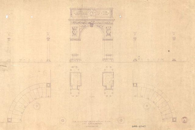 "The Washington Memorial Arch and Surroundings. Plan and front elevation of Washington Arch."